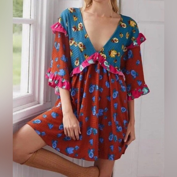 ANTHROPOLOGIE Ruffle Sleeve Oversized Color Block Mini Babydoll Dress - Picture 2 of 7